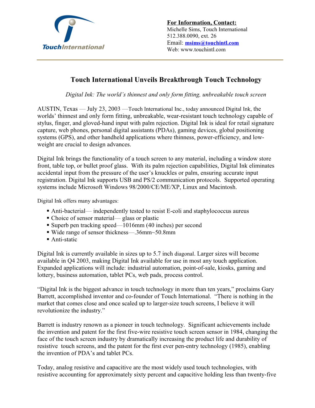 Touch International Announcement