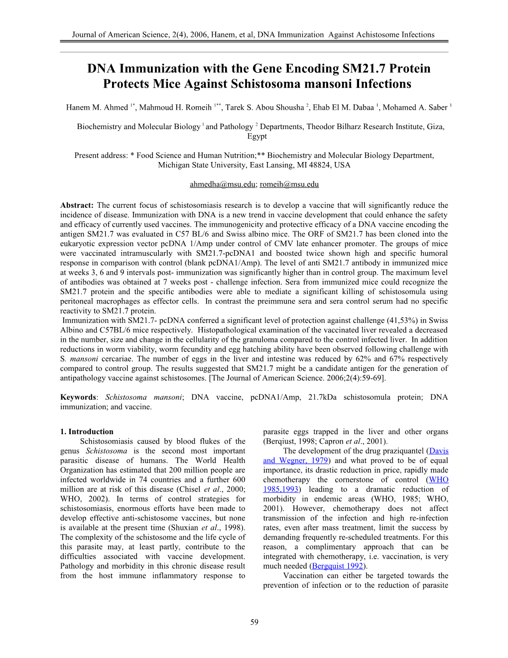 Vaccination Against Schistosoma Mansoni Infection by DNA Encoding SM 21