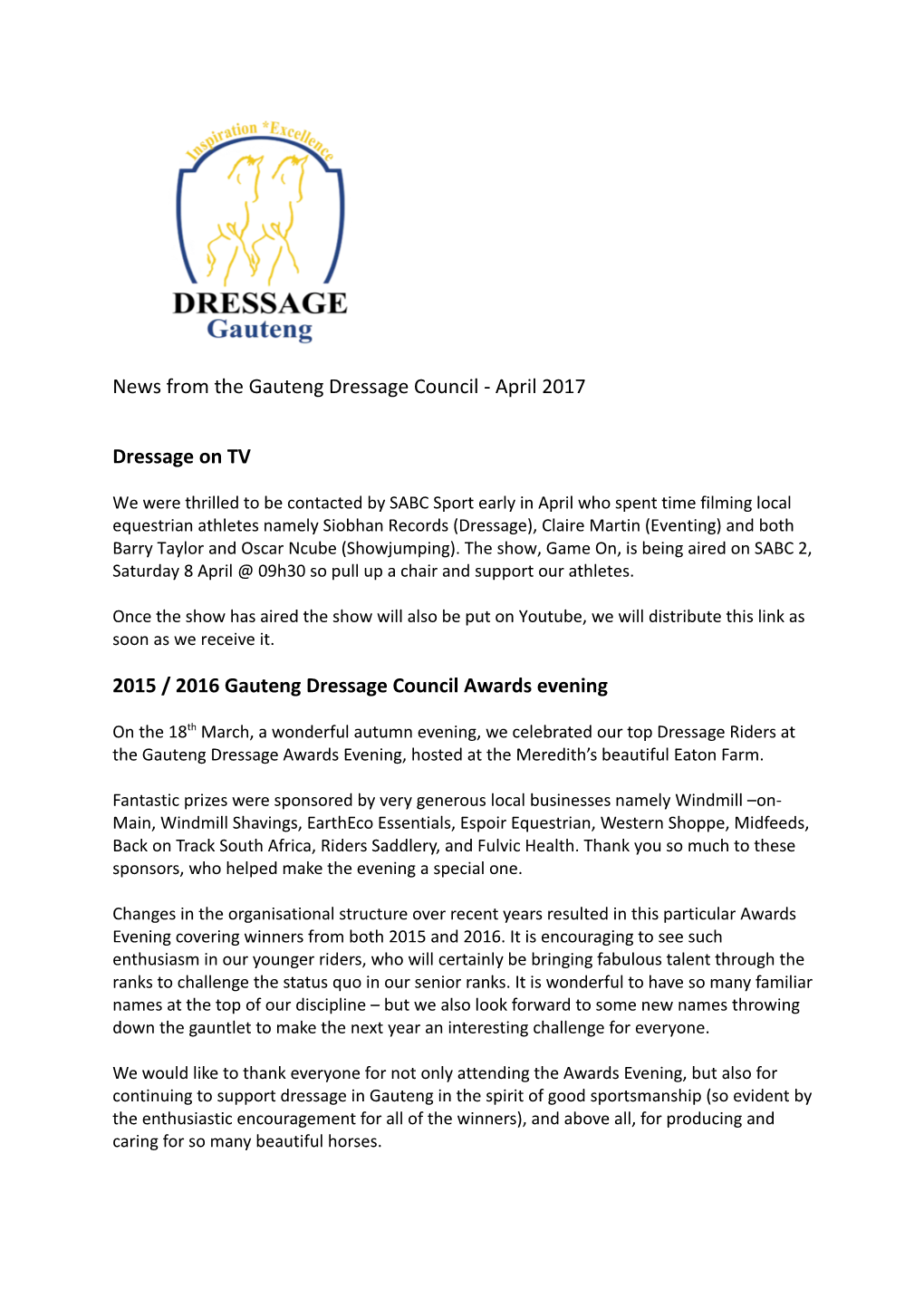 News from the Gauteng Dressage Council - April 2017