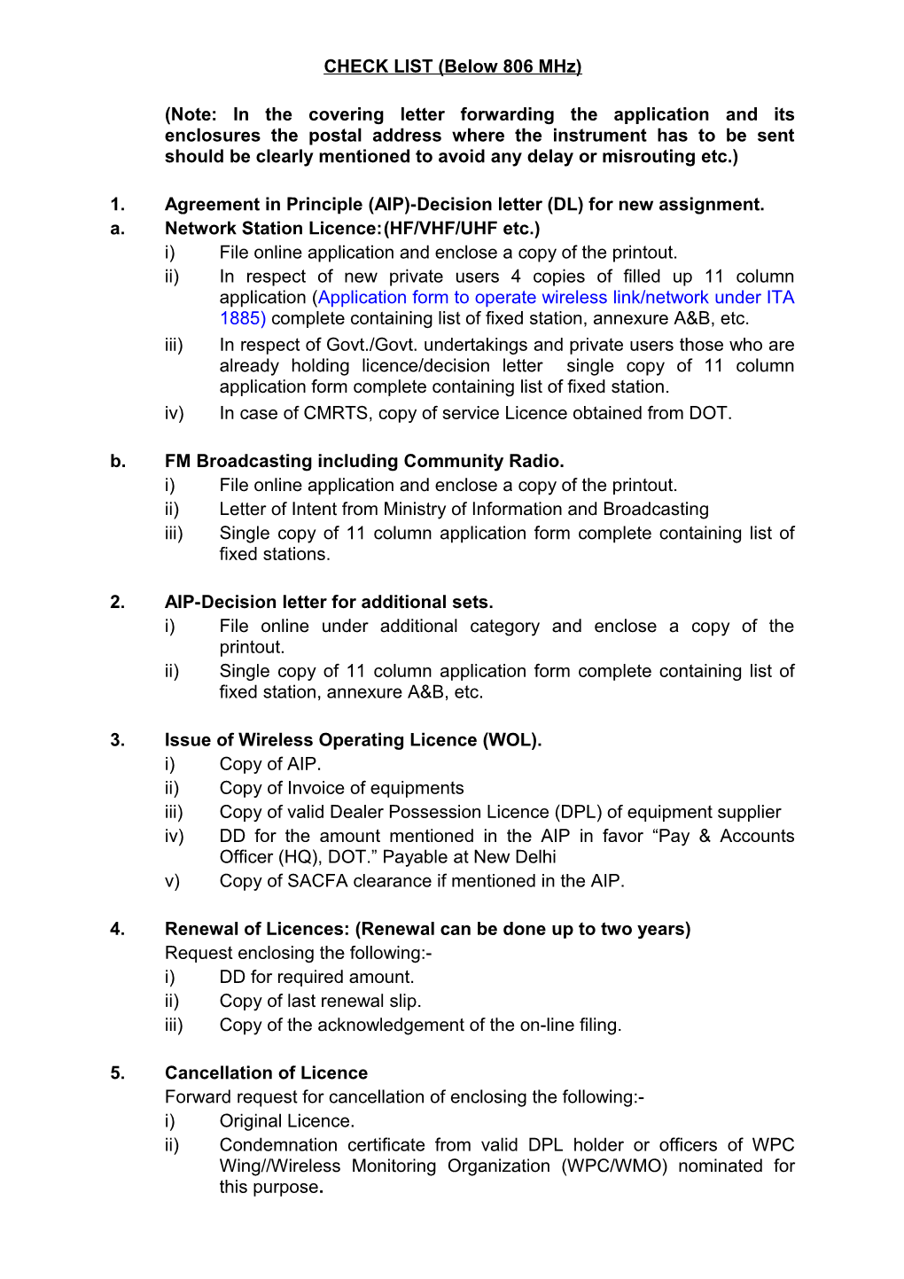 CHECK LIST (Below 806 Mhz)