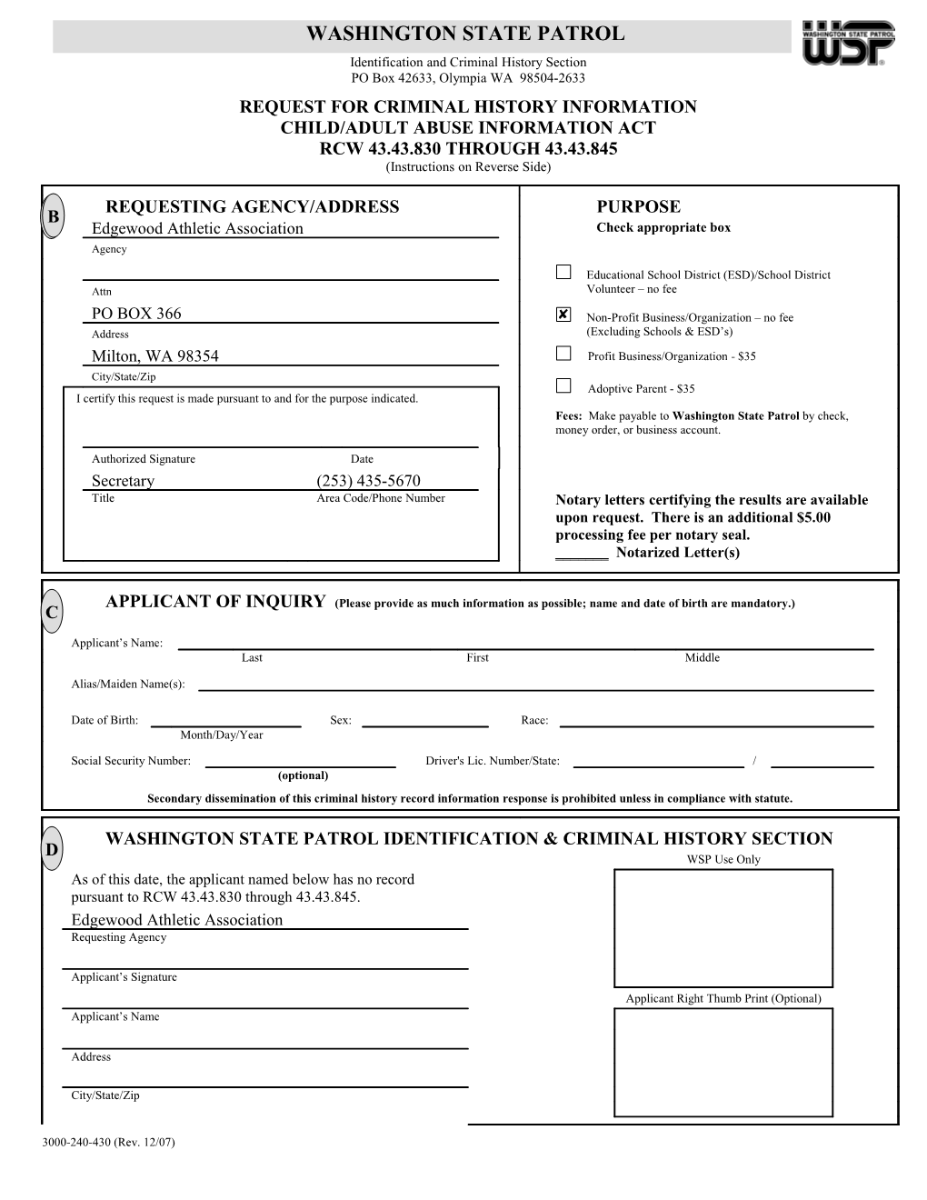 Request for Criminal History Information Child/Adult Abuse Information Act