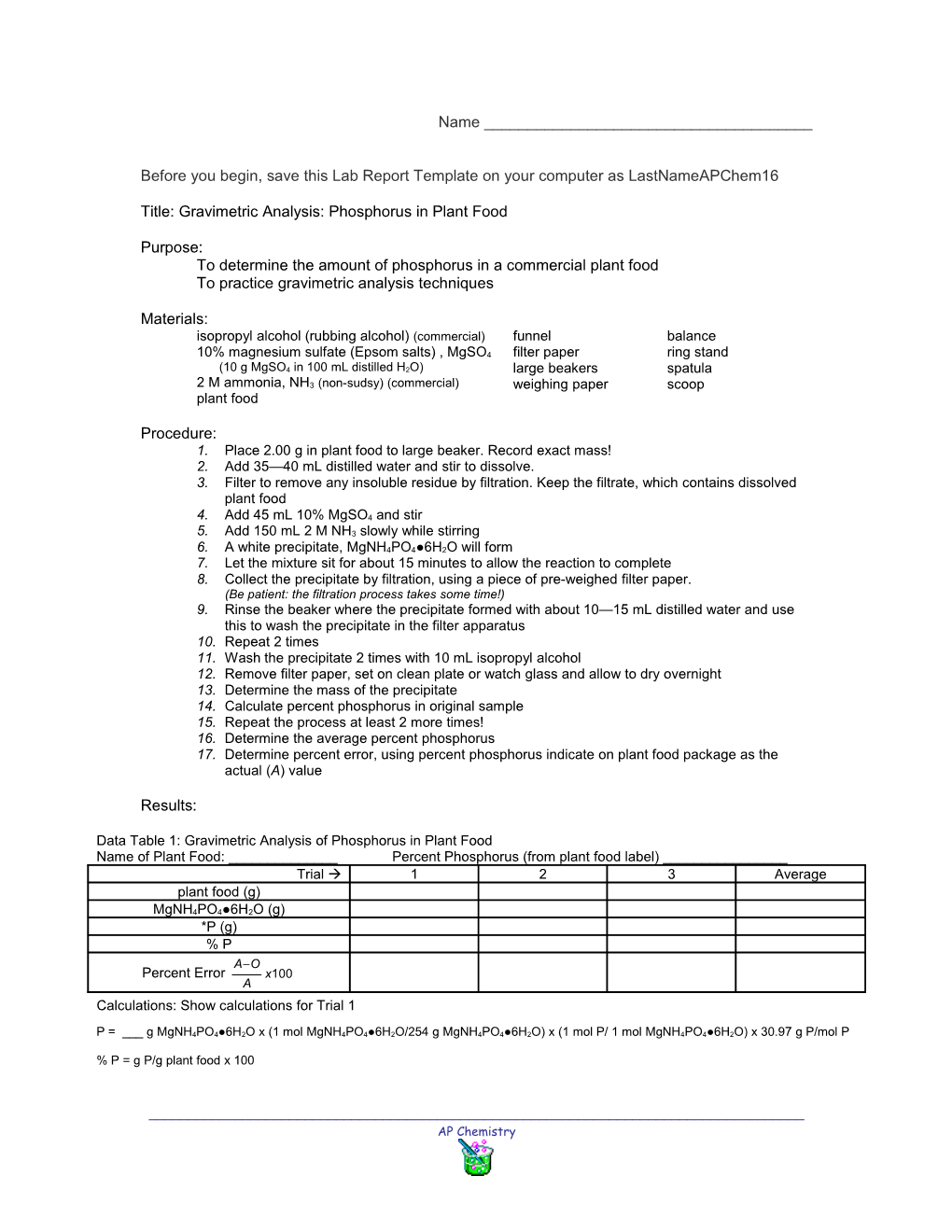 Before You Begin, Save This Lab Report Template on Your Computer As Lastnameapchem16