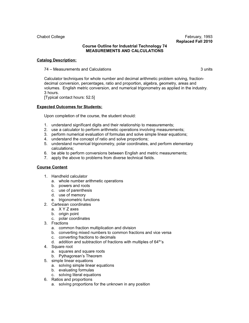 Course Outline for Industrial Technology 74, Page 1