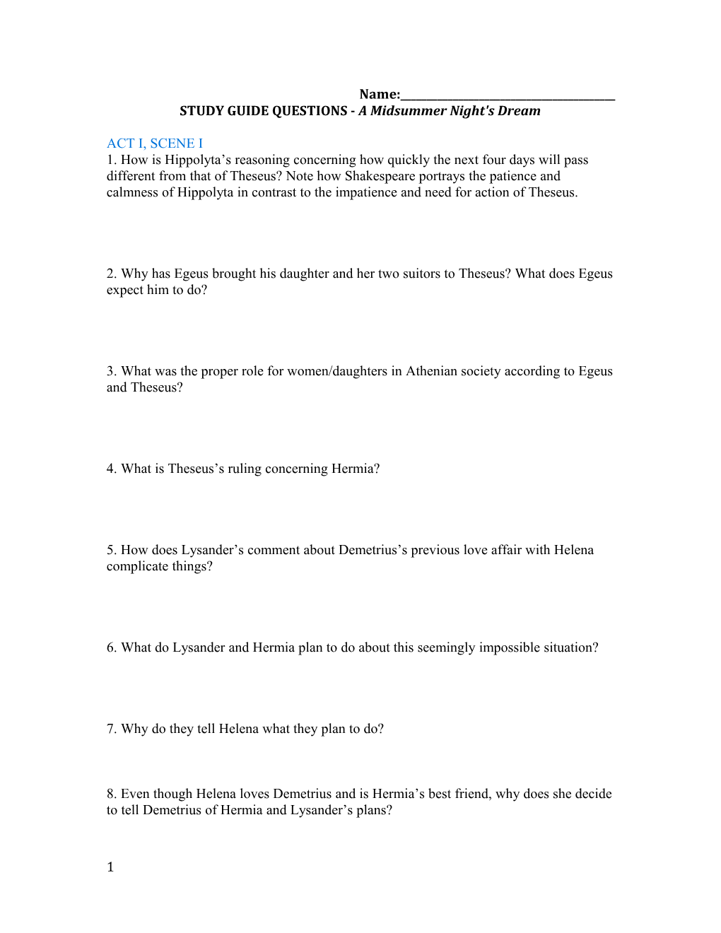 STUDY GUIDE QUESTIONS - a Midsummer Night's Dream
