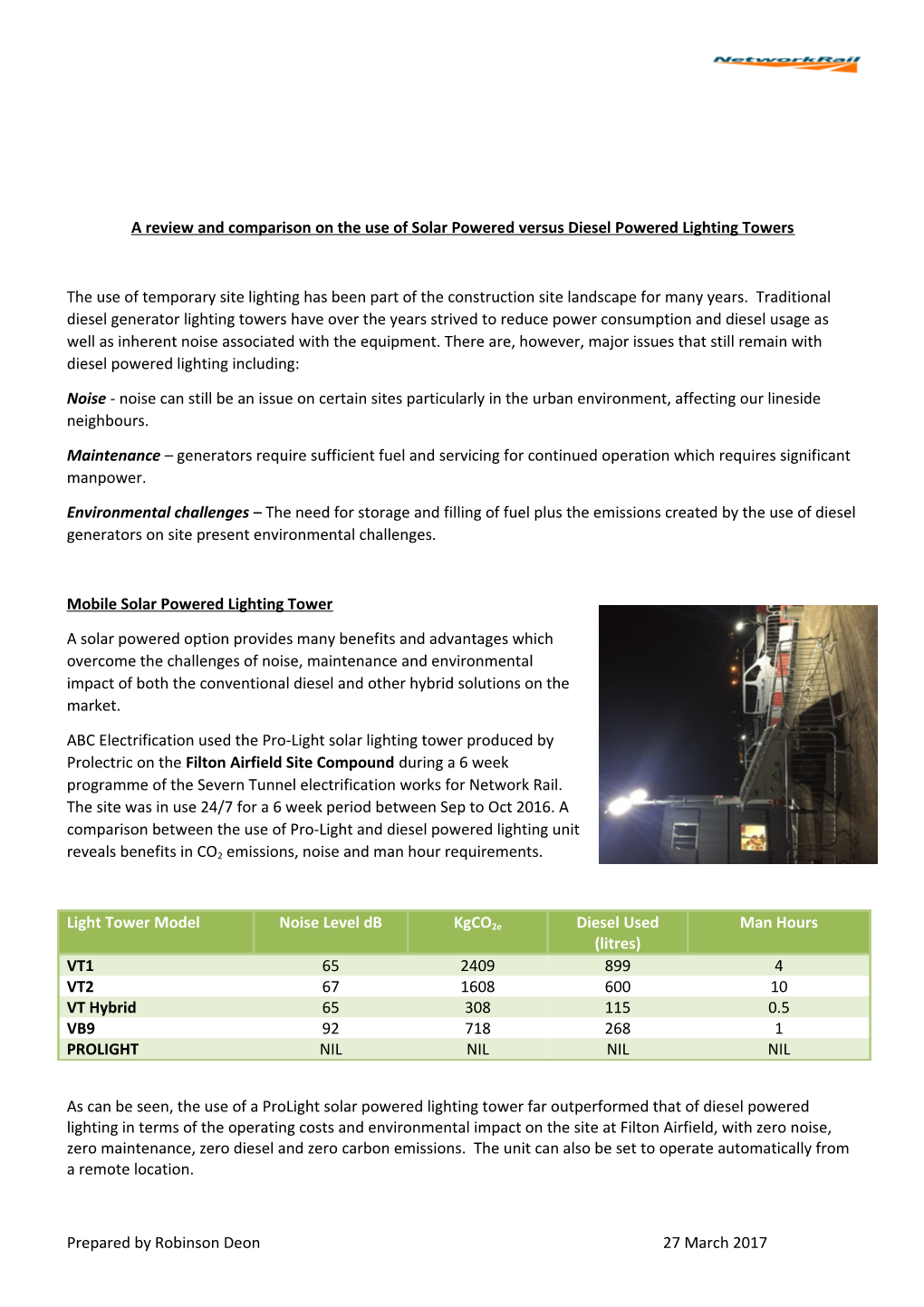 A Review and Comparison on the Use of Solar Powered Versus Diesel Powered Lighting Towers