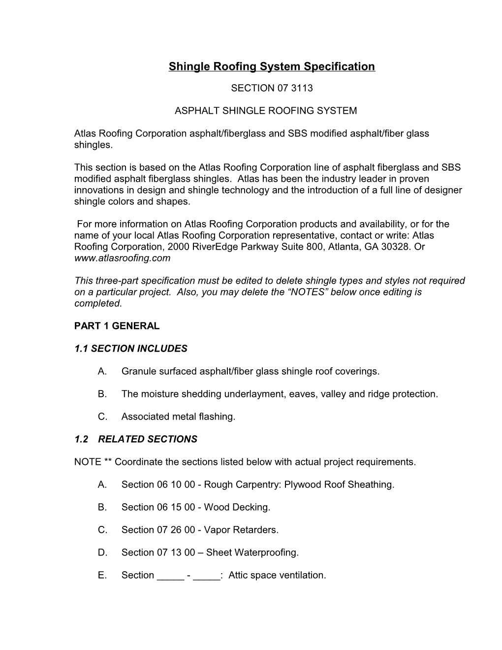 Shingle Roofing System Specification