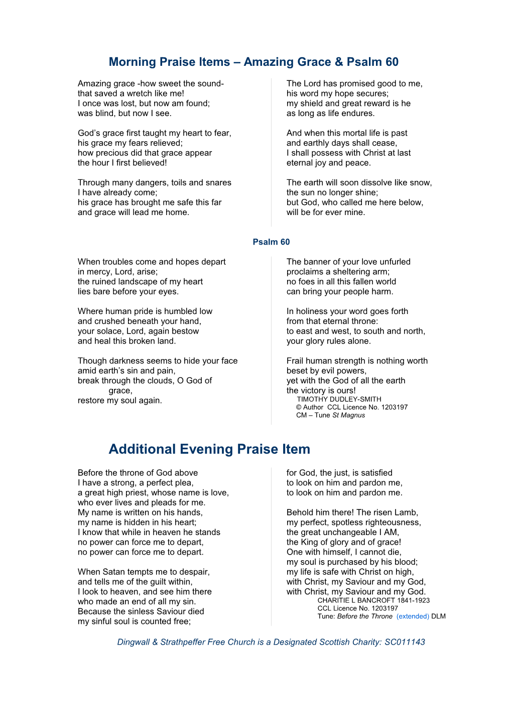 Morning Praise Items Amazing Grace & Psalm 60