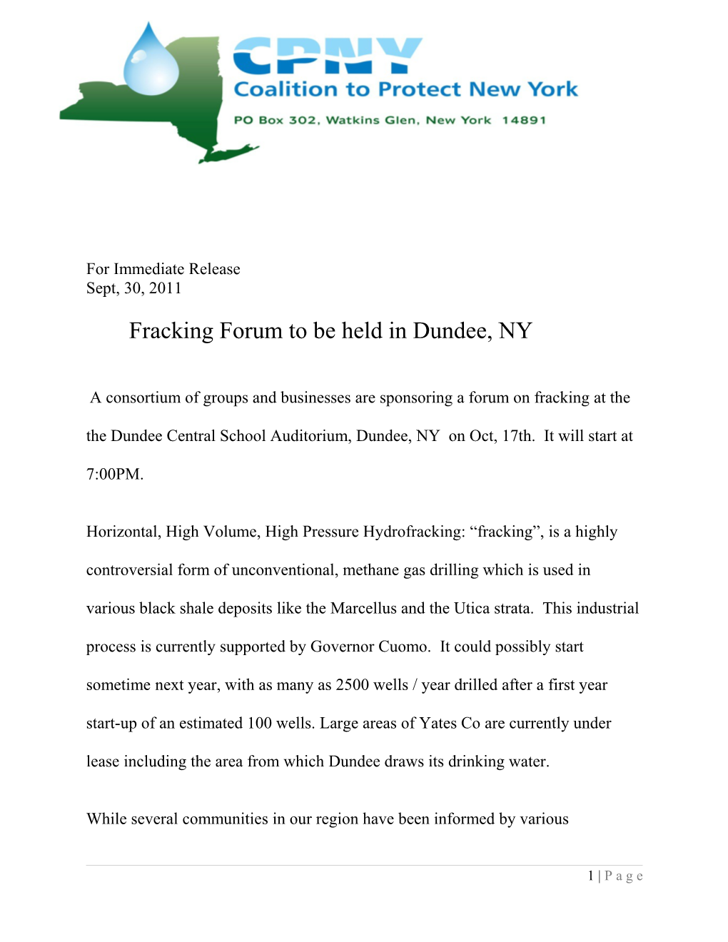 Fracking Forum to Be Held in Dundee, NY