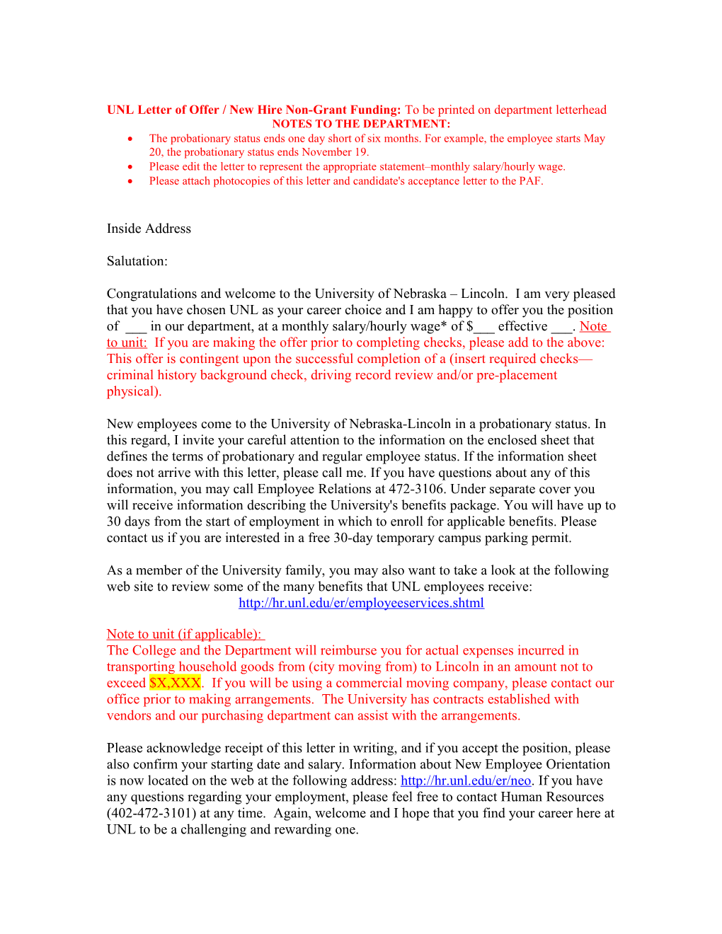 UNL Letter of Offer / New Hire Non-Grant Funding: to Be Printed on Department Letterhead