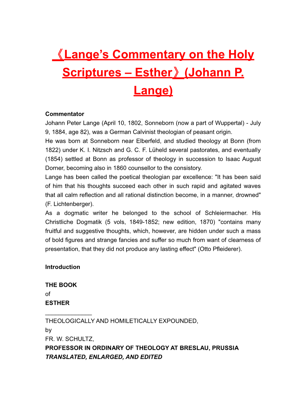 Lange S Commentary on the Holyscriptures Esther (Johann P. Lange)