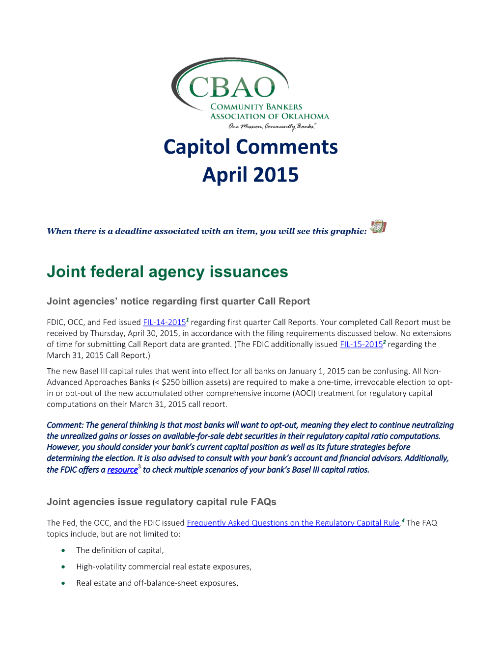 Joint Agencies Notice Regarding First Quarter Call Report