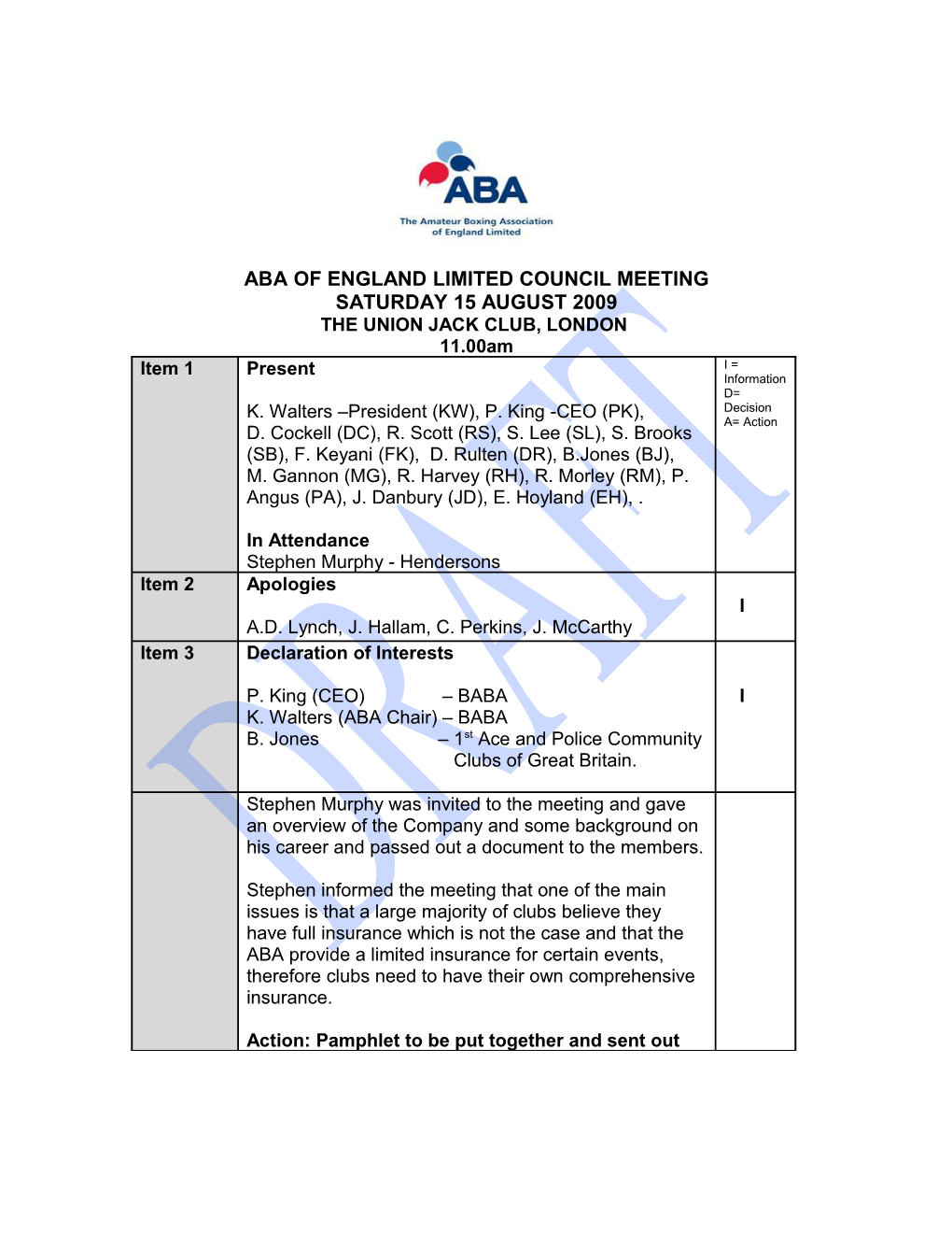 Aba of England Limited Council Meeting