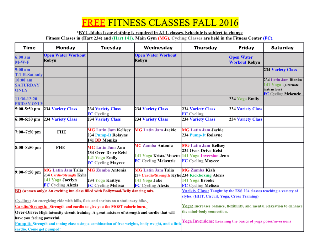 Freefitness Classes Fall 2016