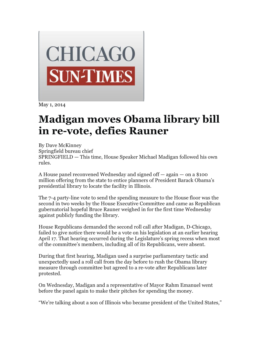 Madigan Moves Obama Library Bill in Re-Vote, Defies Rauner