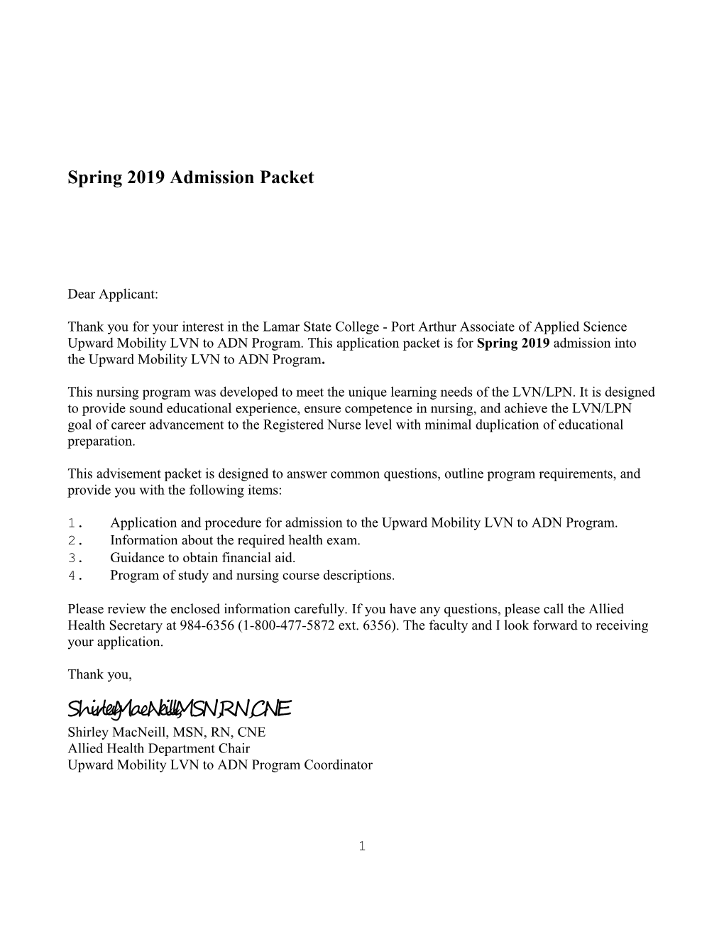 Spring 2019 Admission Packet