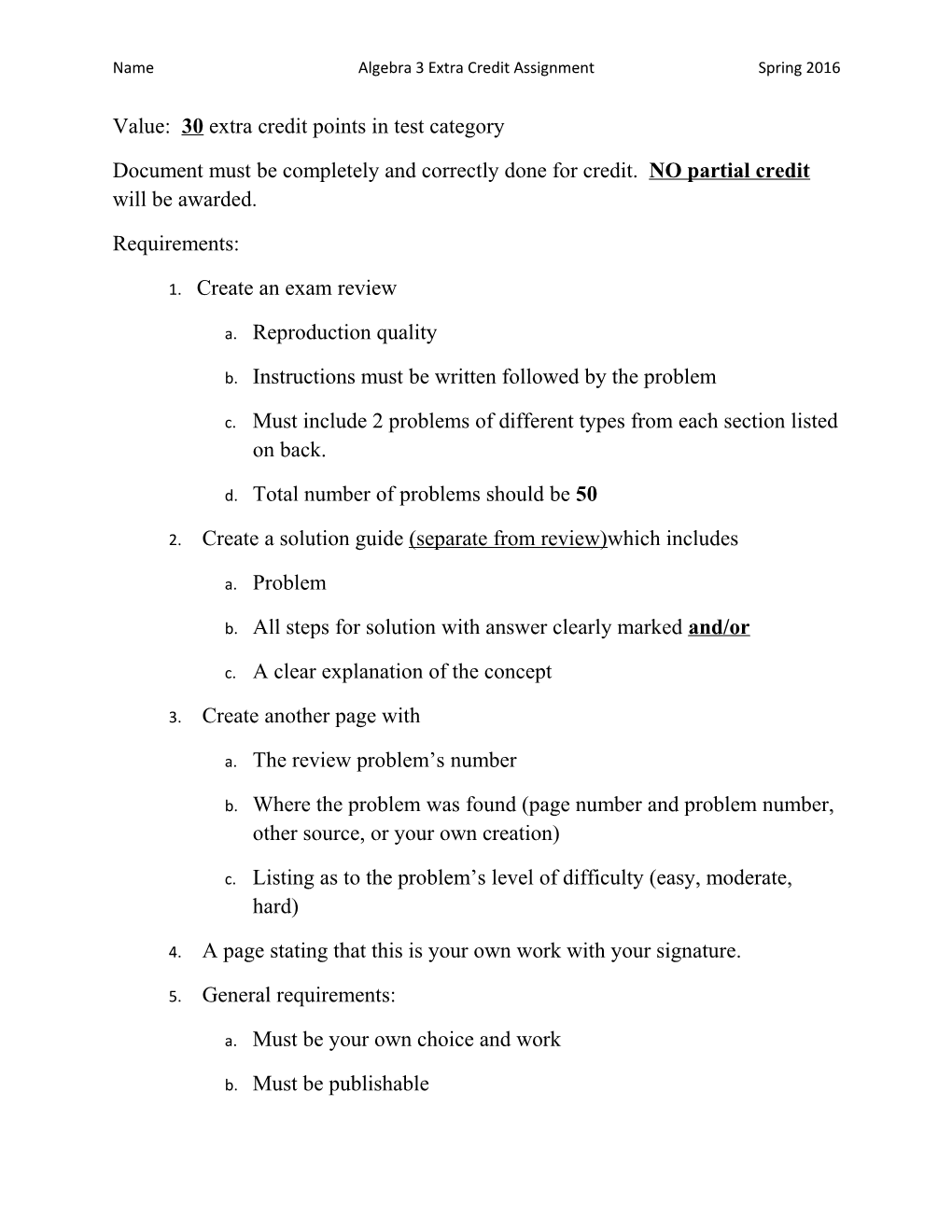 Namealgebra 3 Extra Credit Assignmentspring 2016