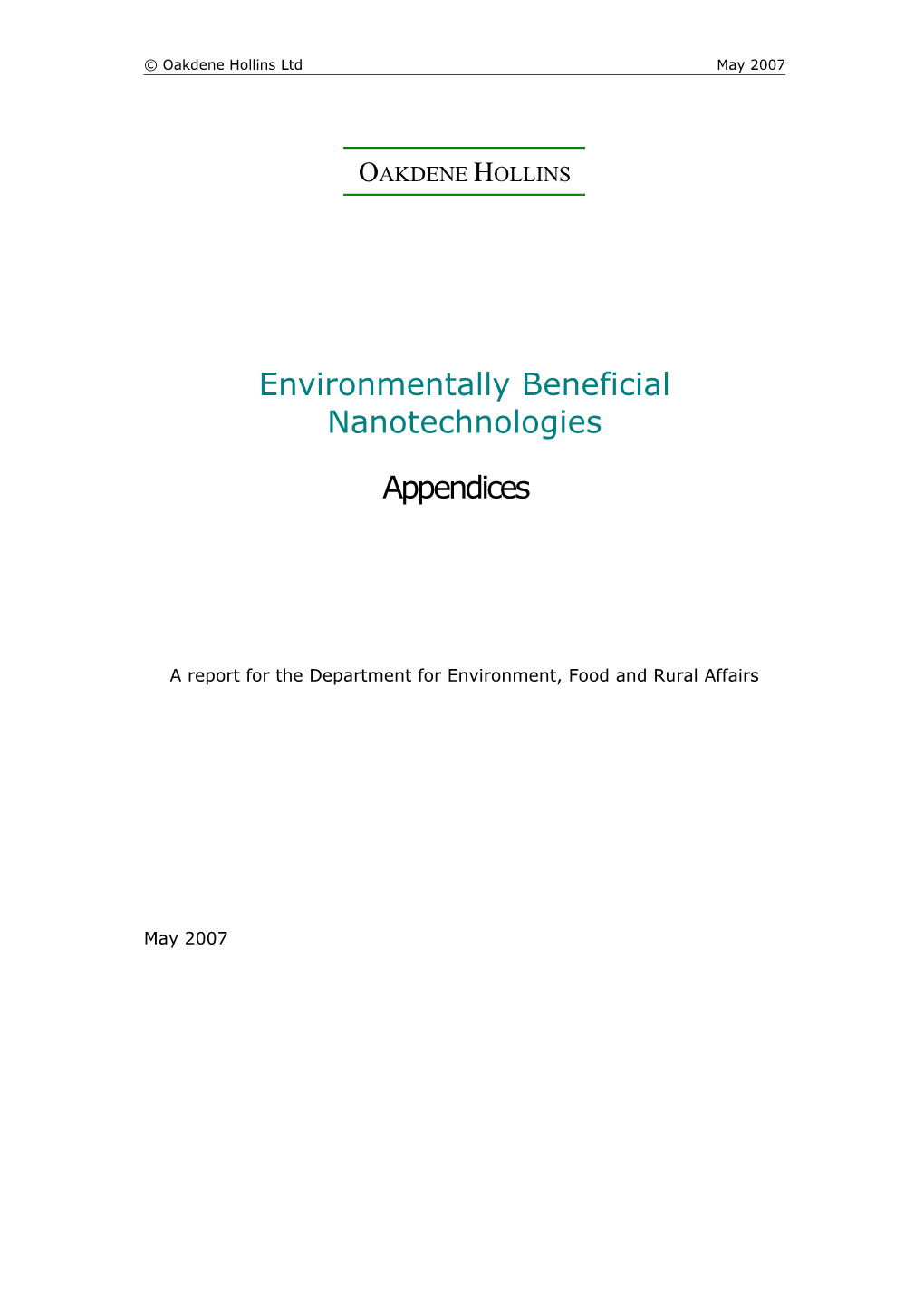 A Report for the Department for Environment, Food and Rural Affairs