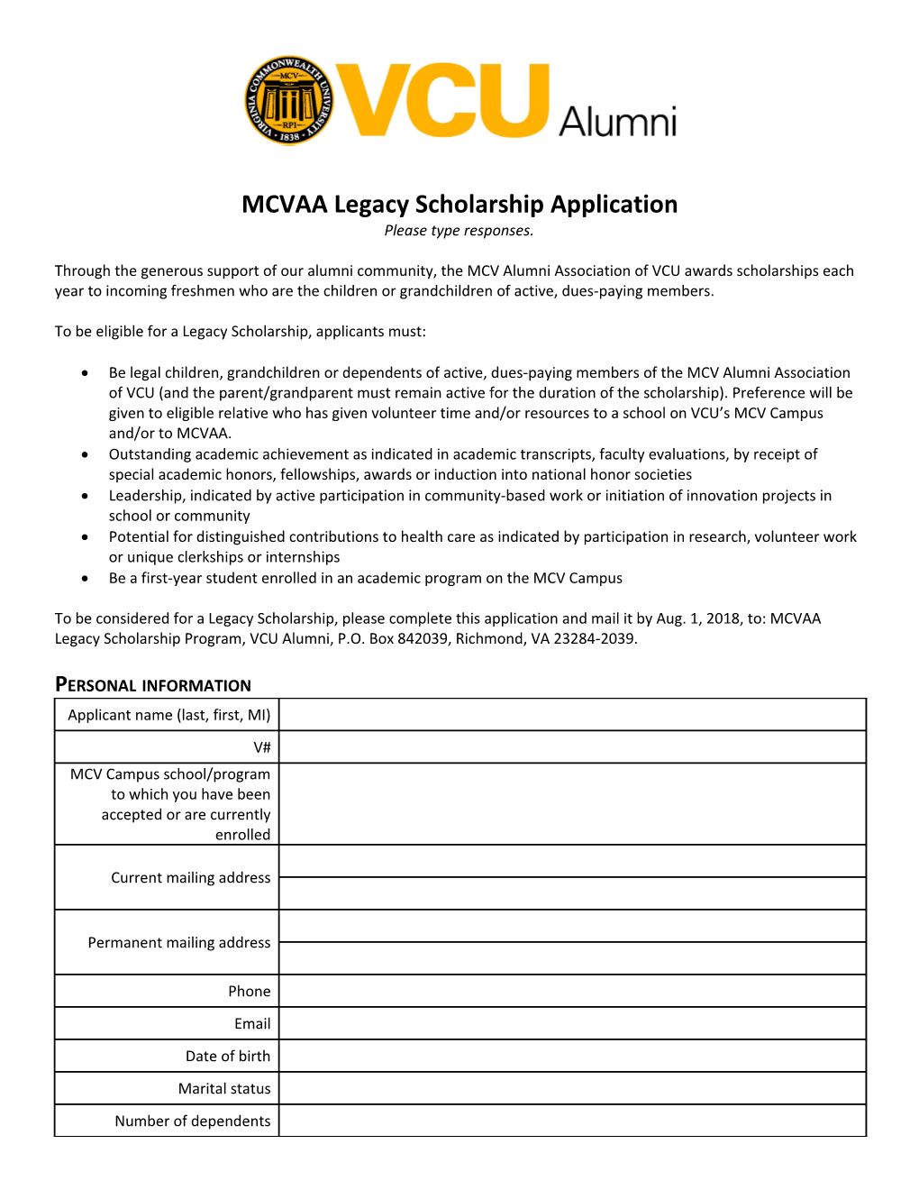 MCVAA Legacy Scholarship Application