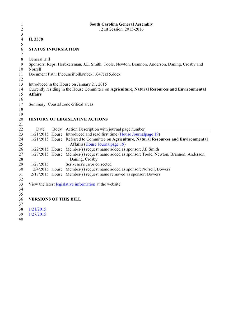 2015-2016 Bill 3378: Coastal Zone Critical Areas - South Carolina Legislature Online