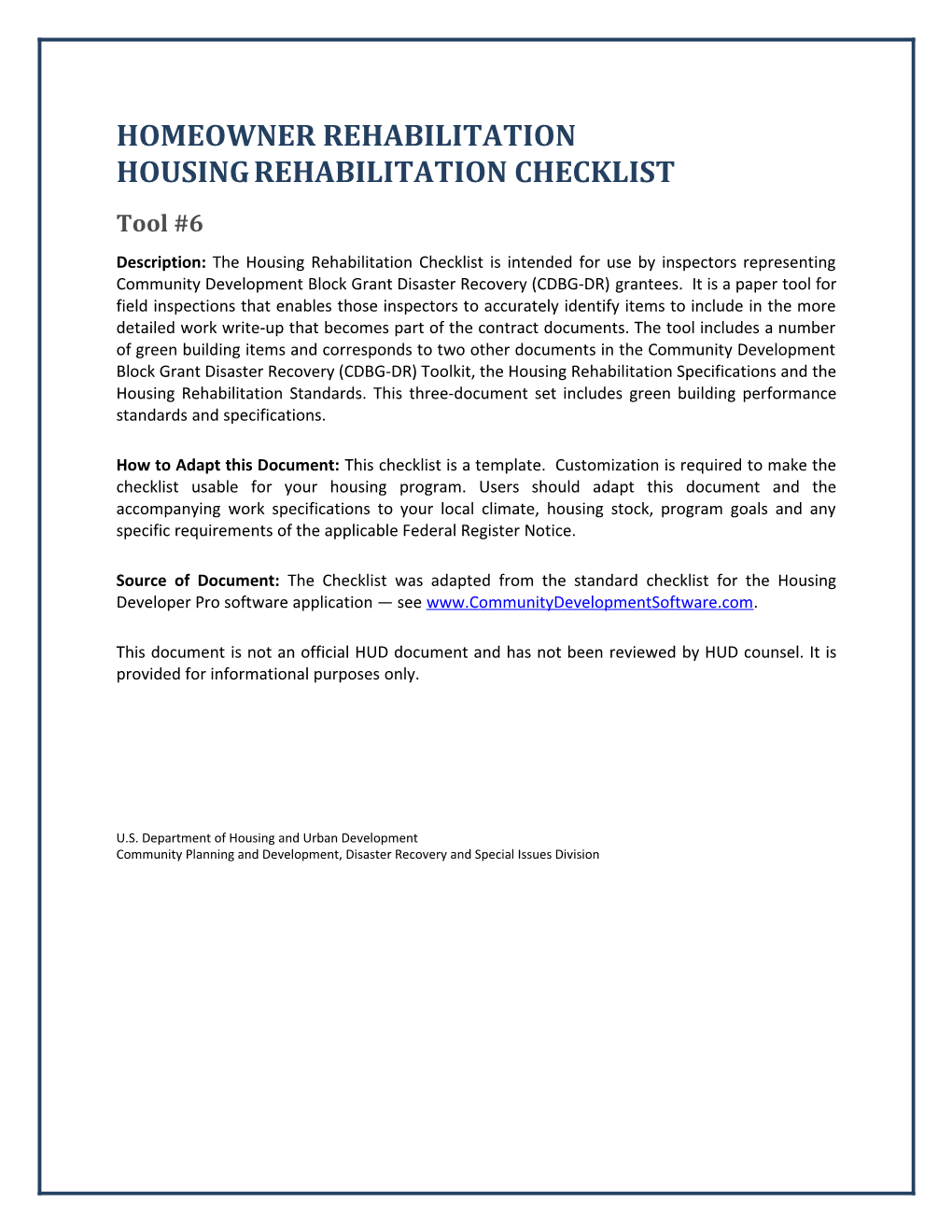 Disaster Recovery Homeowner Rehab Housing Rehab Checklist