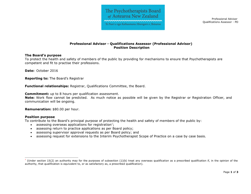 Professional Advisor - Qualifications Assessor (Professional Advisor)