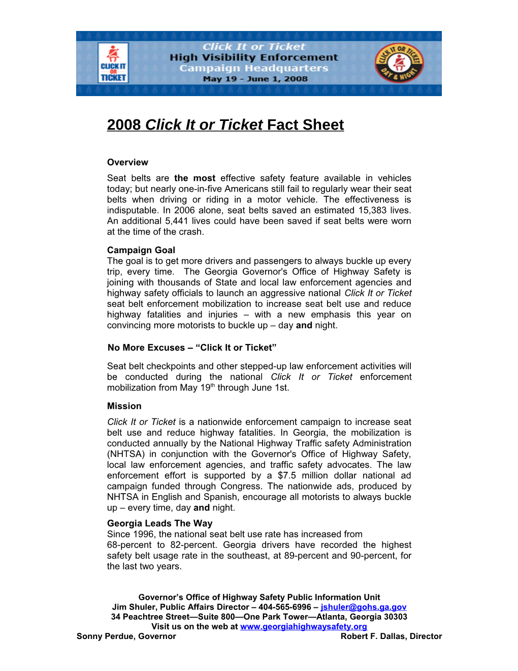 2008Click It Or Ticket Fact Sheet