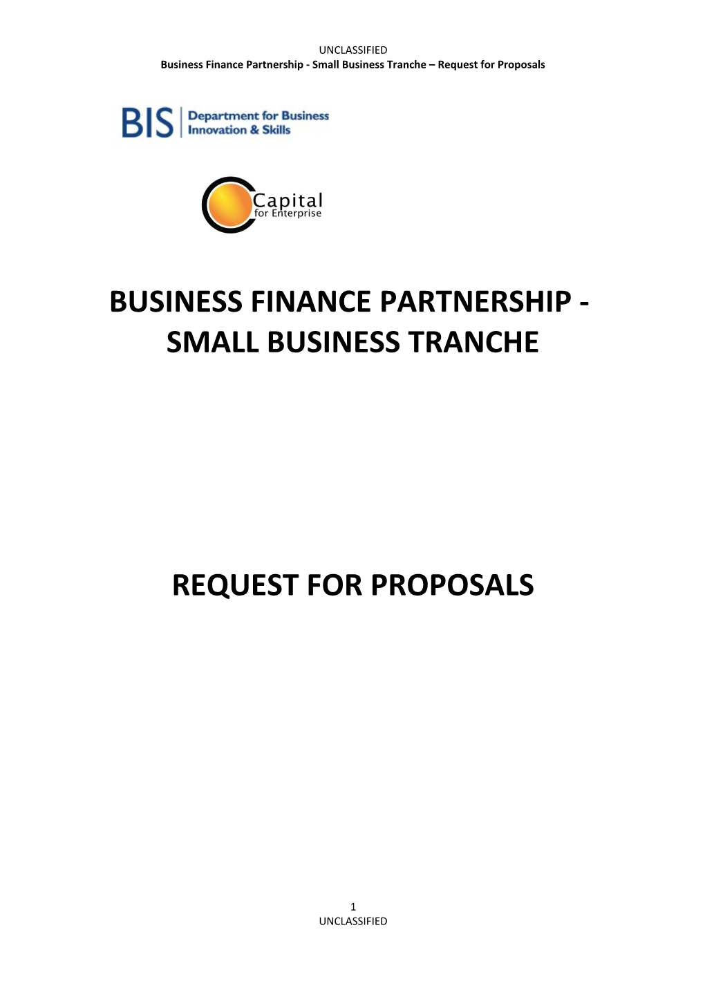 Business Finance Partnership - Small Business Tranche - Request for Proposals