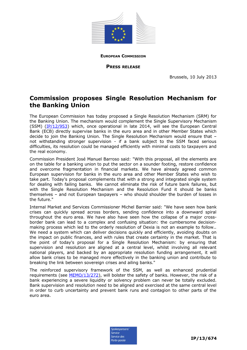 Commission Proposes Single Resolution Mechanismfor the Banking Union