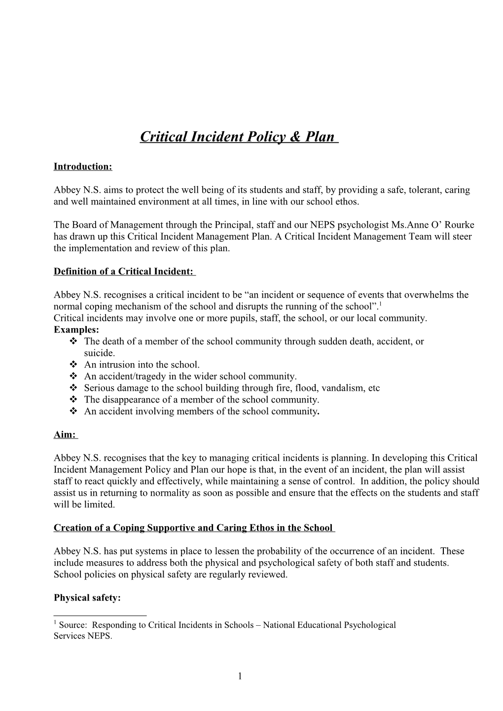 Critical Incident Policy & Plan