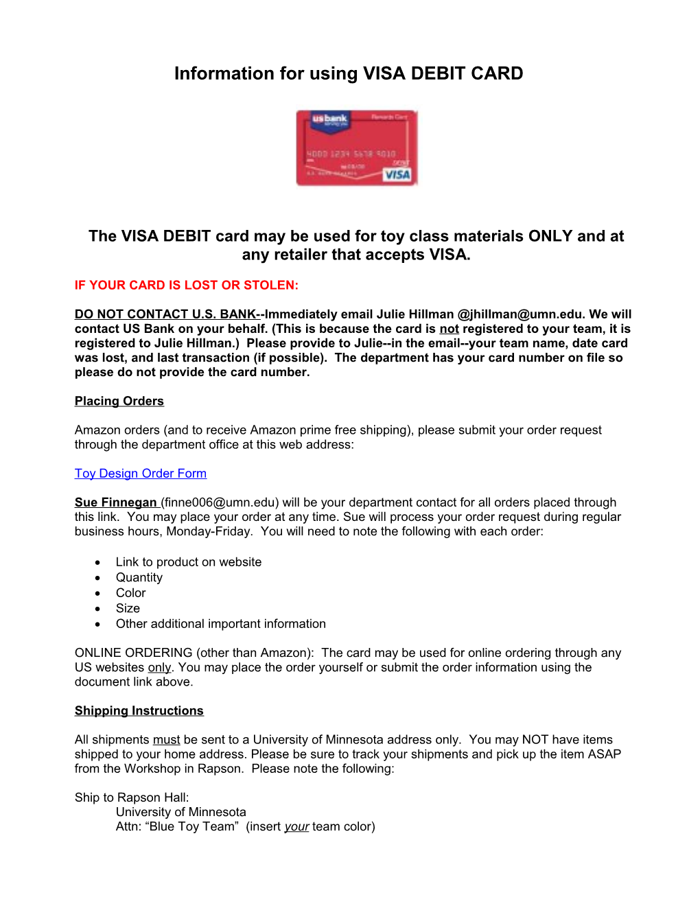 Information for Using VISA DEBIT CARD