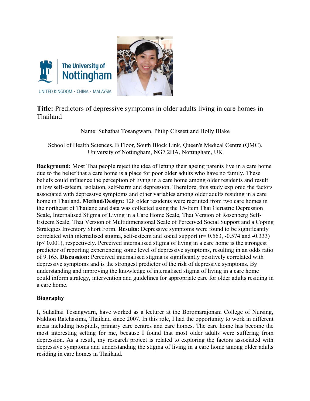 Title: Predictors of Depressive Symptoms in Older Adults Living in Care Homes in Thailand