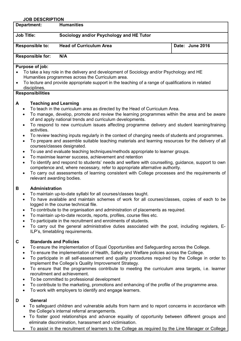 Tutor of Sociology-Psychology - Job Description