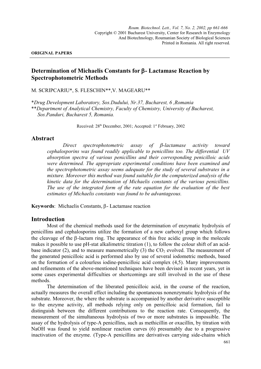 Determination of Michaelis Constants for - Lactamase Reaction by Spectrophotometric Methods