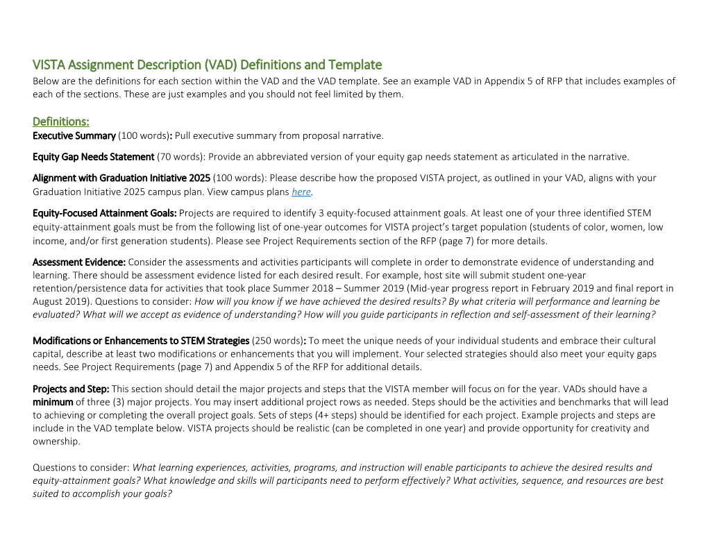 VISTA Assignment Description (VAD) Definitions and Template