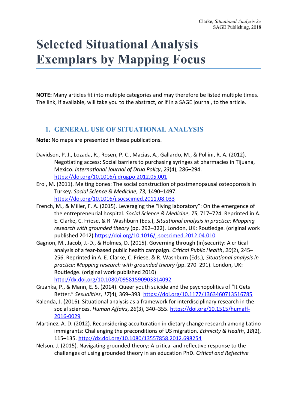 Selected Situational Analysis Exemplars by Mapping Focus