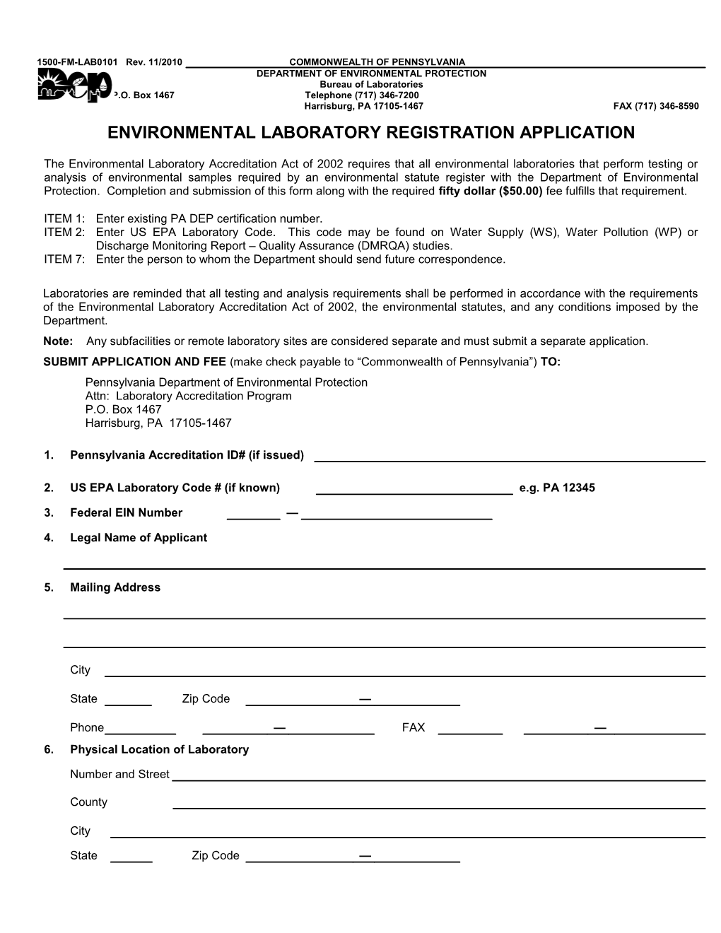 Environmental Laboratory Registration Application