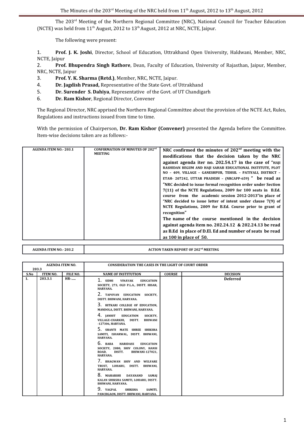 The Minutes of the 203Rdmeeting of the NRC Held from 11Thaugust, 2012 to 13Th August, 2012