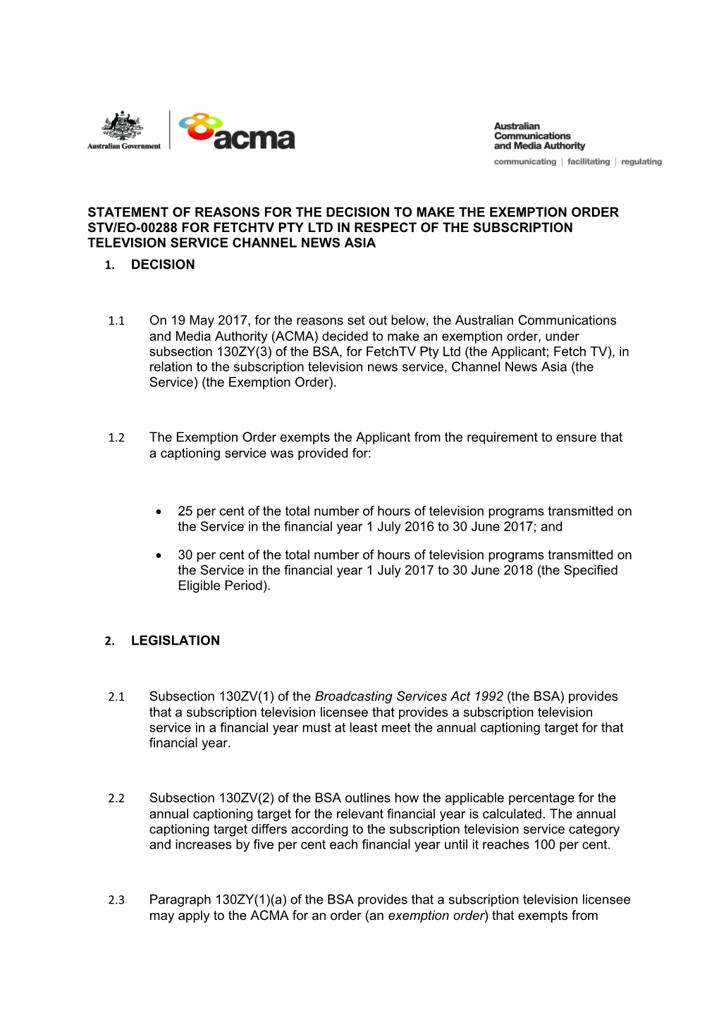Statement of Reasons for the Decision to Make the Exemption Order Stv/Eo-00288 for Fetchtv