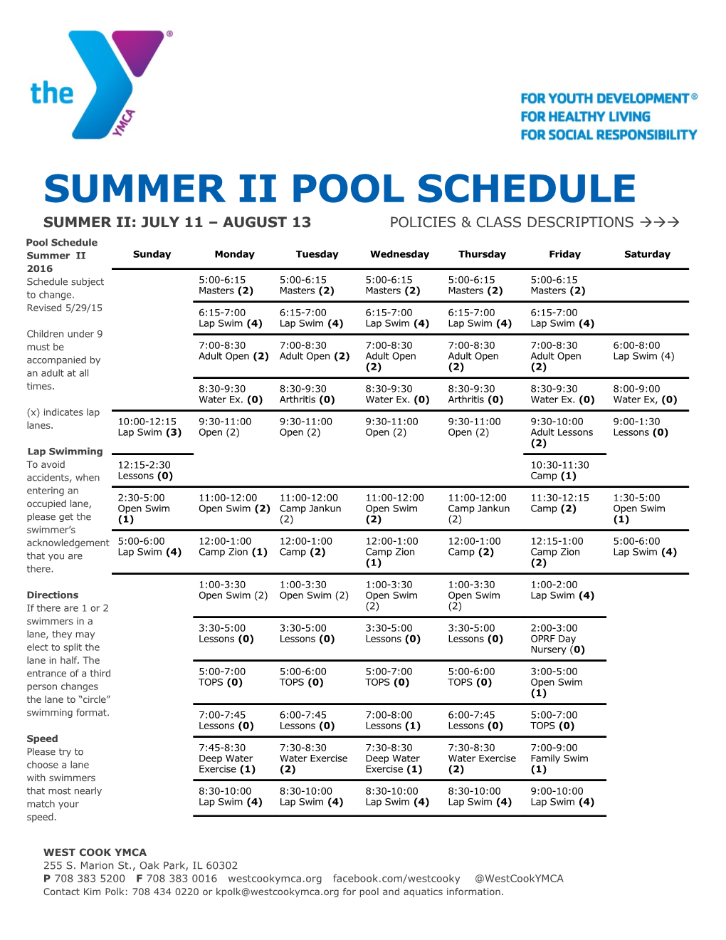 Summer II Pool Schedule