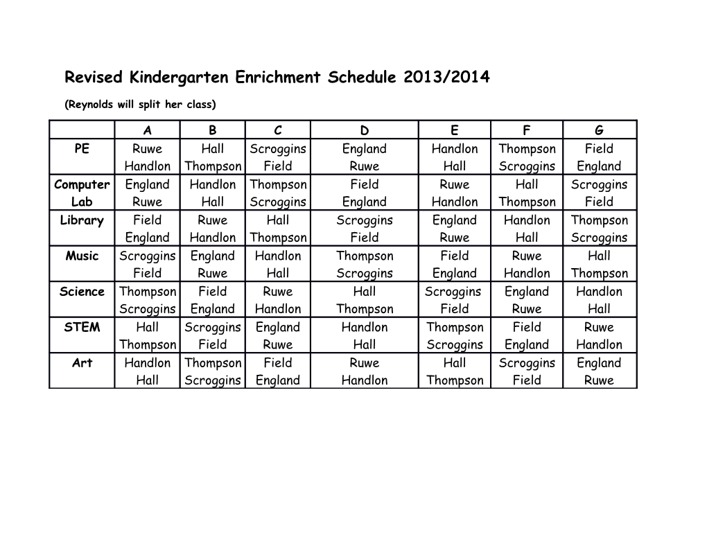 Revised Kindergarten Enrichment Schedule 2013/2014