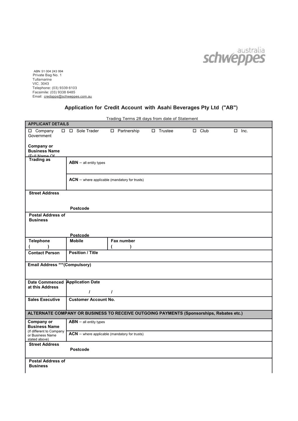 Applicationforcreditaccountwithasahi Beverages Pty Ltd( AB )