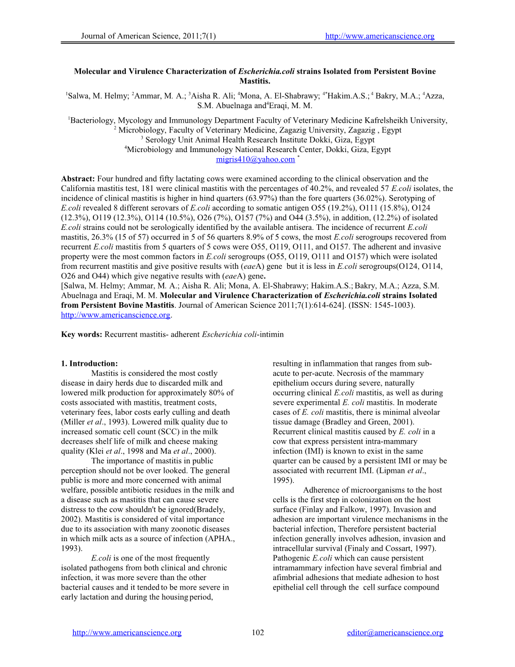 Molecular and Virulence Characterization of Escherichia.Coli Strains Isolated from Persistent