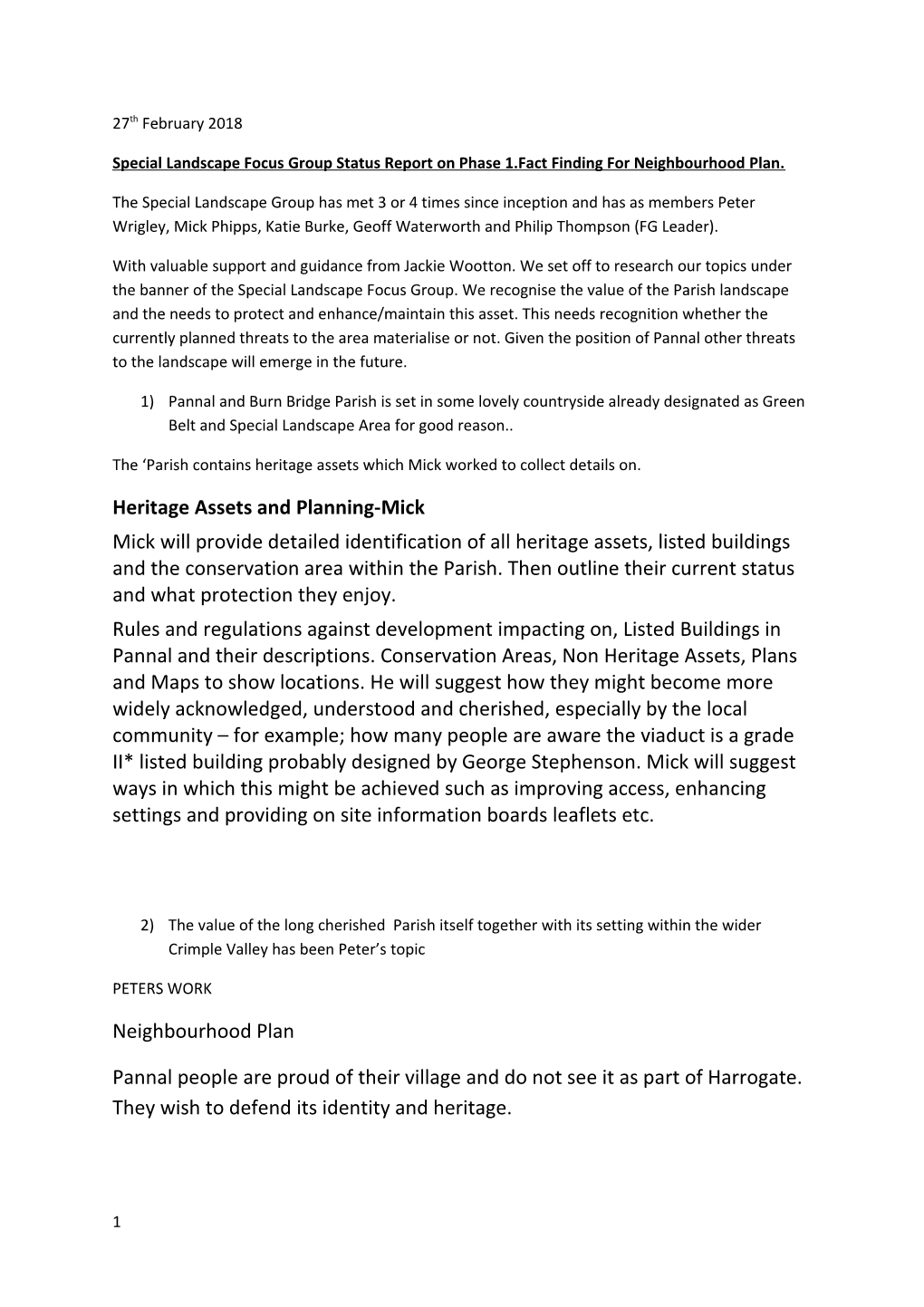 Special Landscape Focus Group Status Report on Phase 1.Fact Finding for Neighbourhood Plan