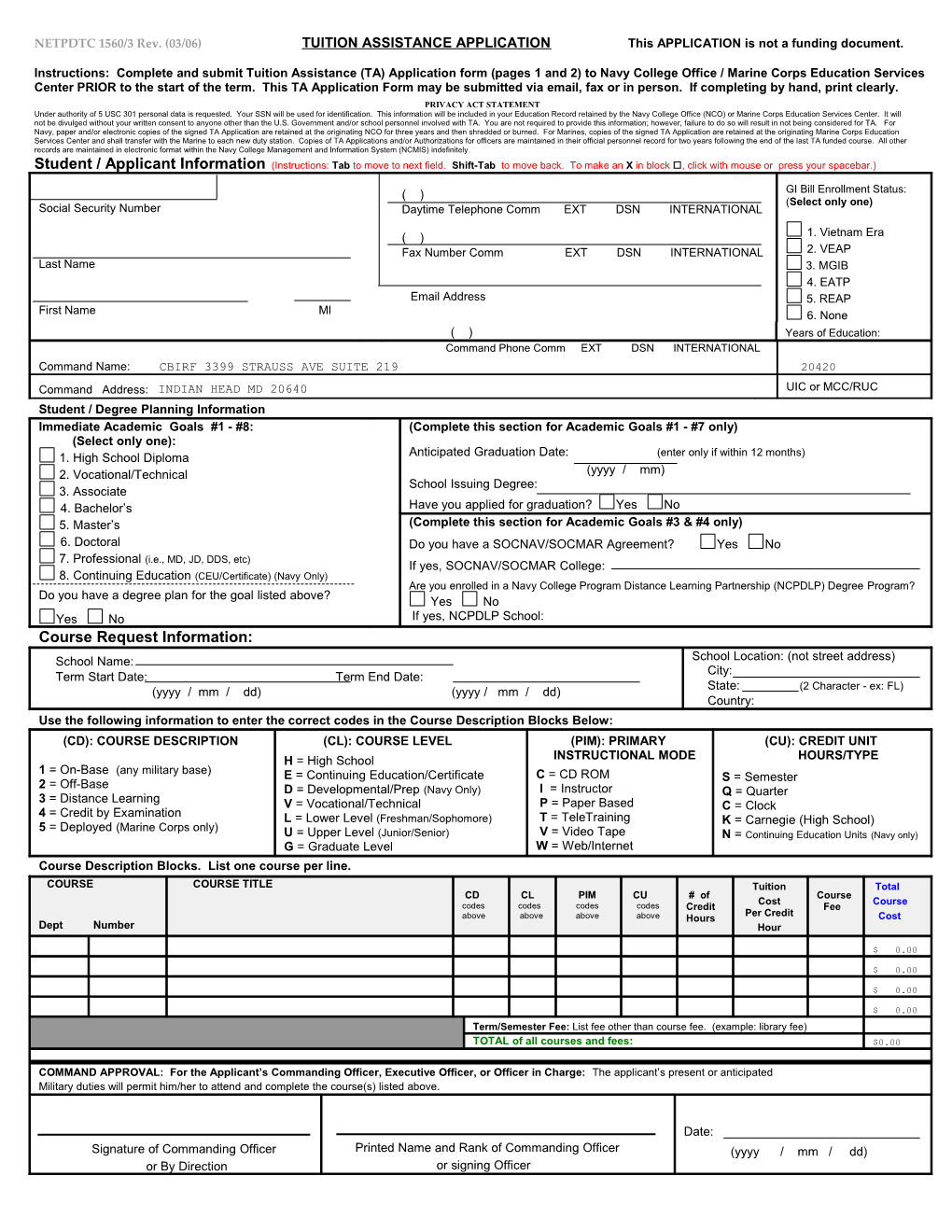 NETPDTC 1560/ TA Application