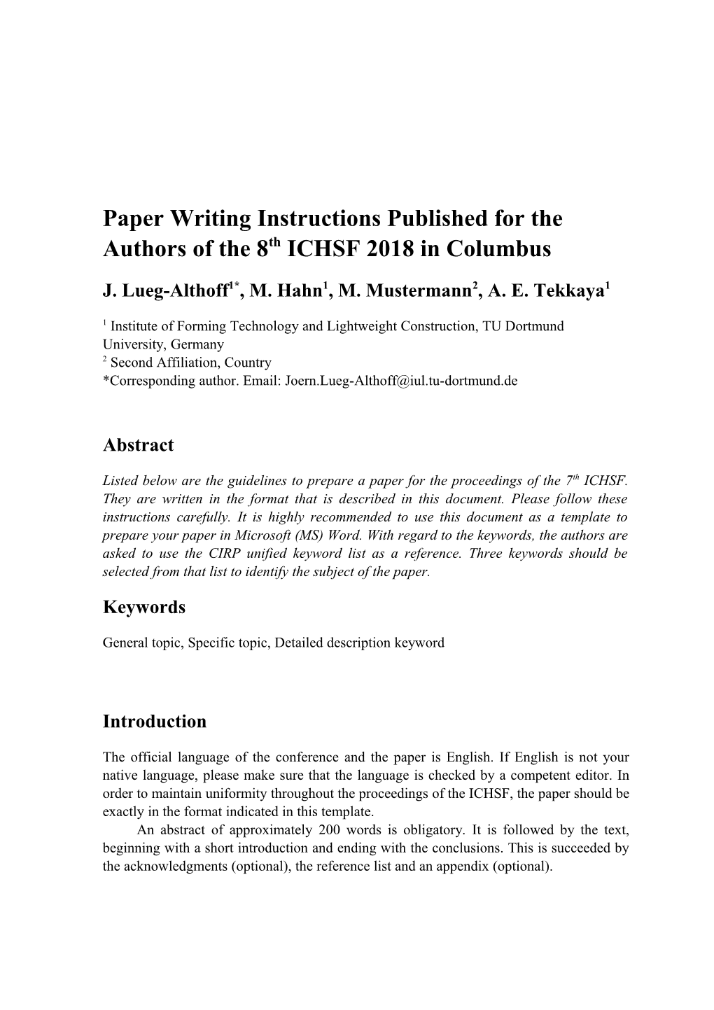 Paper Writing Instructions Published for the Authors of the 8Thichsf 2018 in Columbus