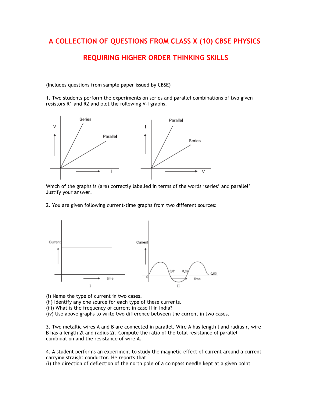 A Collection of Questions from Class X (10) Cbse Physics