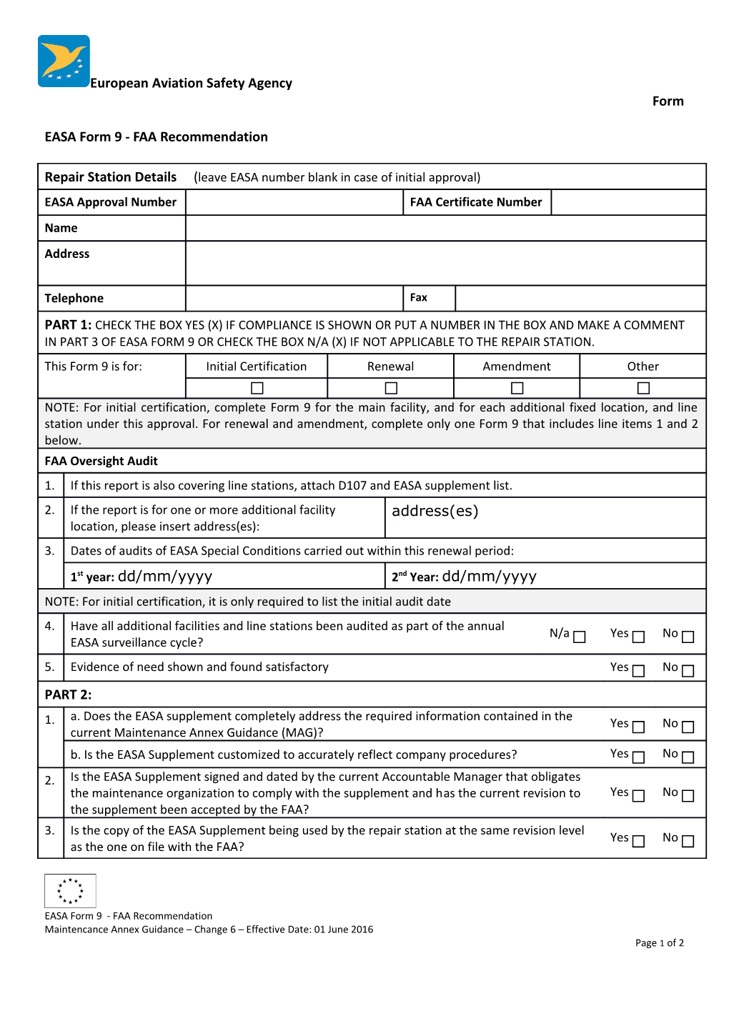 EASA Form 9 - FAA Recommendation