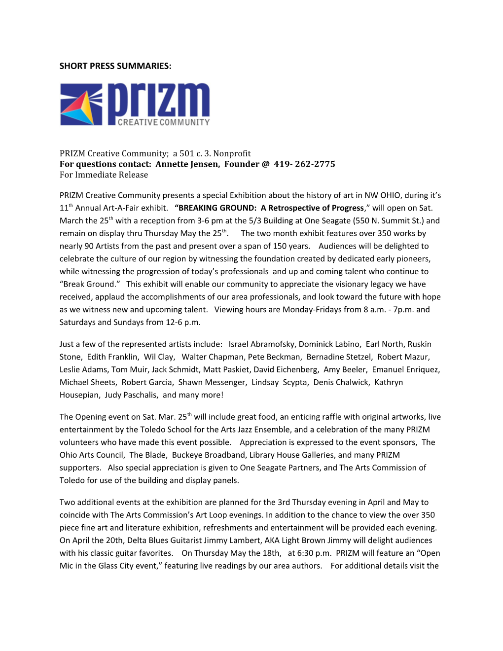 PRIZM Creative Community; a 501 C. 3. Nonprofit
