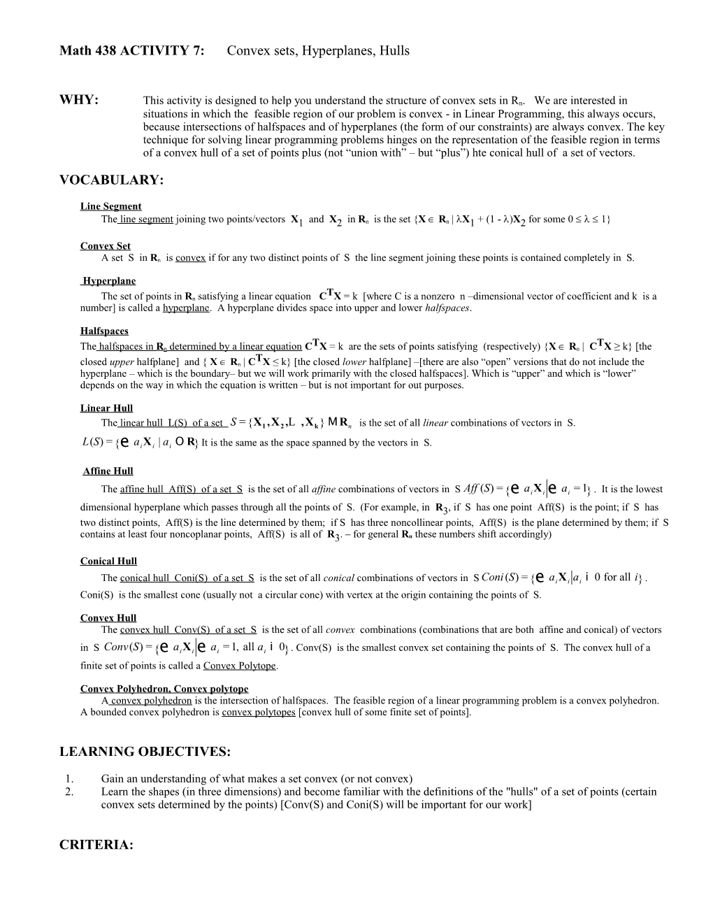 Math 438 ACTIVITY 7: Convex Sets, Hyperplanes, Hulls