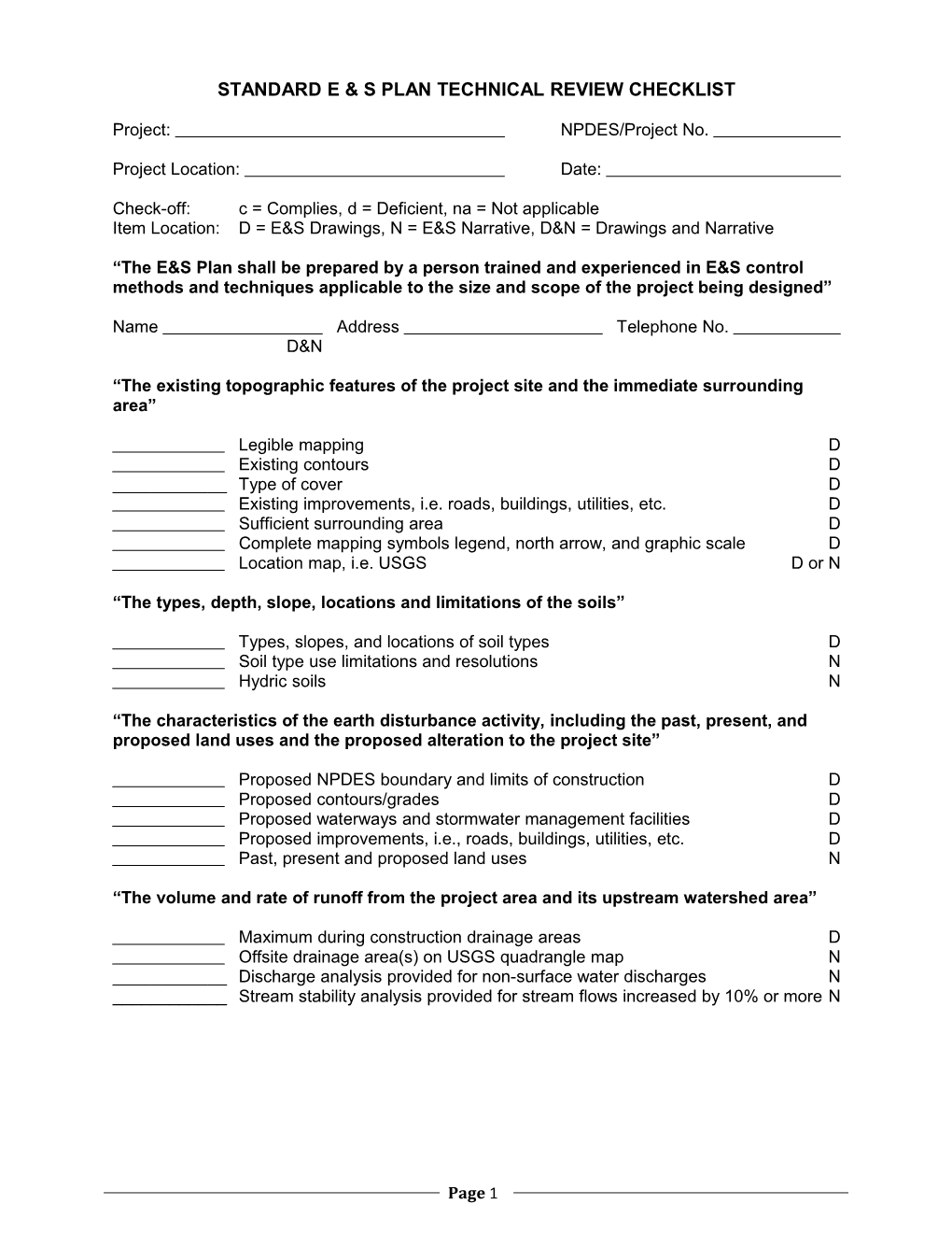 Standard E & S Plan Technical Review Checklist